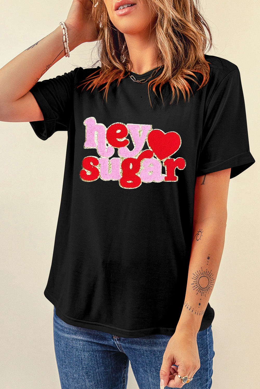 Black Chenille Heart hey sugar Patched Crewneck Valentines Tee - Aaria Tees Aaria Tees