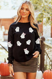 Black Sequin Cute Bow Ghost Graphic Crew Neck Halloween Sweatshirt Aaria Tees