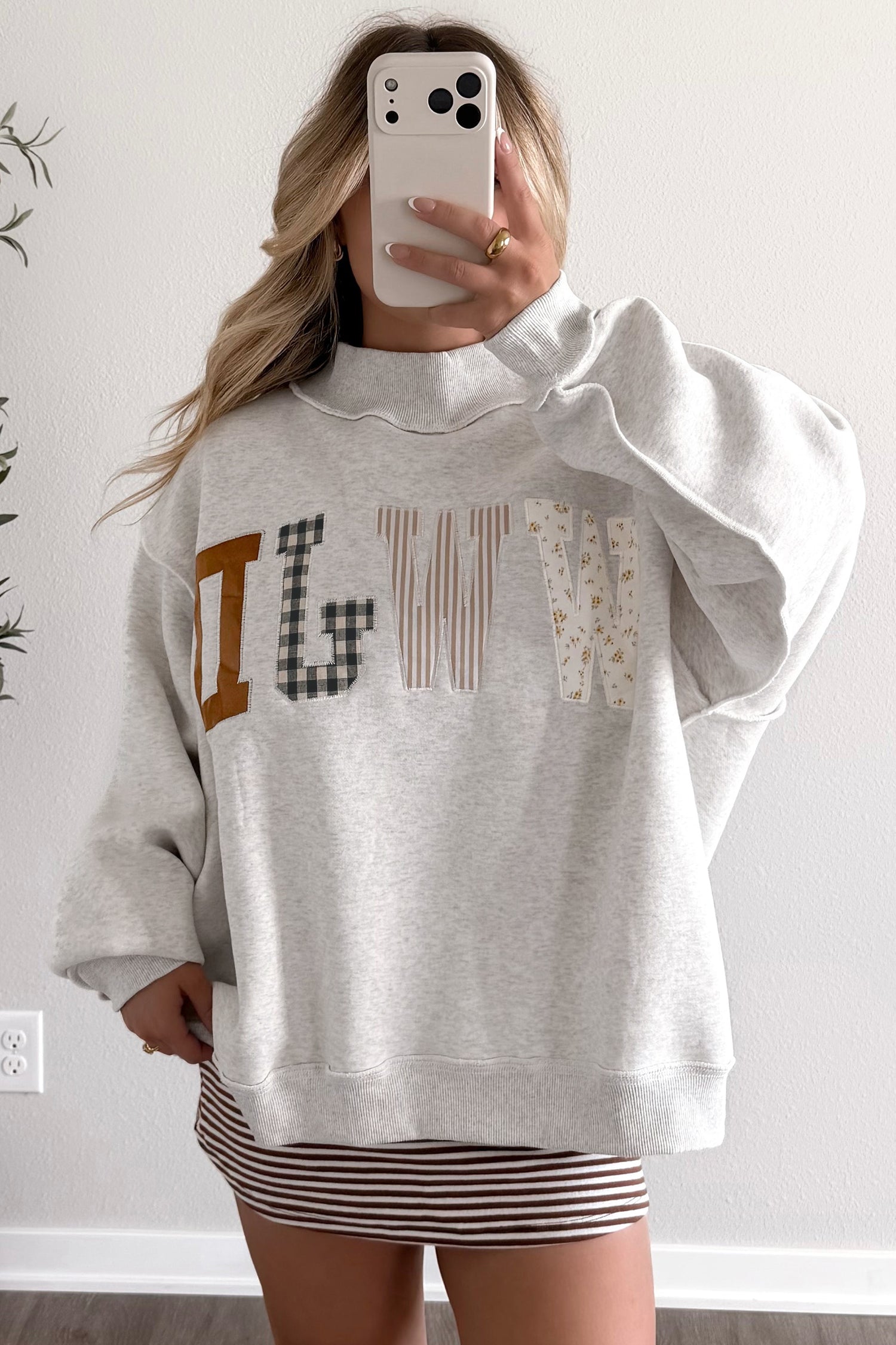 Gray WWJD Mixed Pattern Embroidered Patch Graphic Mock Neck Sweatshirt - Aaria Tees Aaria Tees