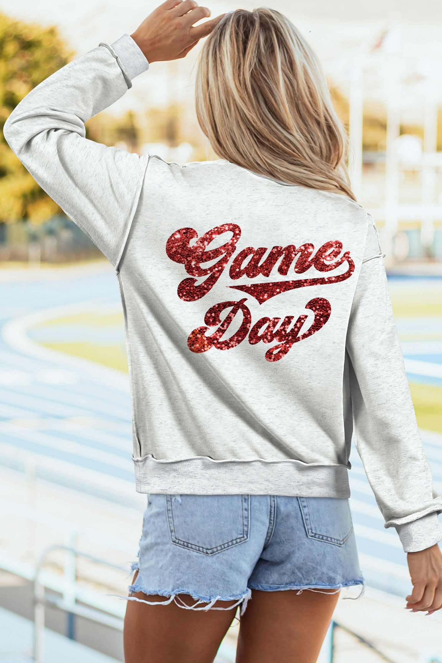 Light Grey Football Patch Sequin Game Day Lettering Mock Neck Tunic Sweatshirt - Aaria Tees Aaria Tees