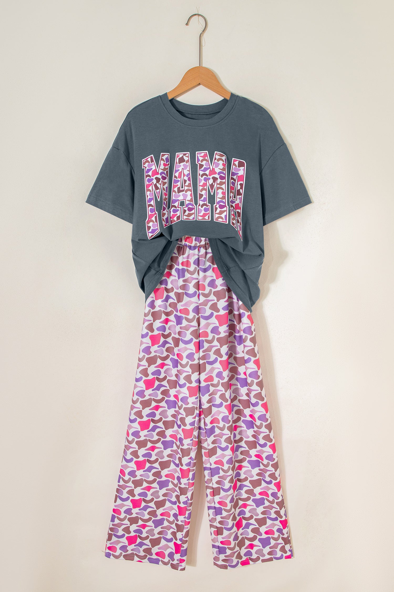 Medium Grey MAMA Letter Graphic Tee Camouflage Print Loose Pant Set - Aaria Tees Aaria Tees