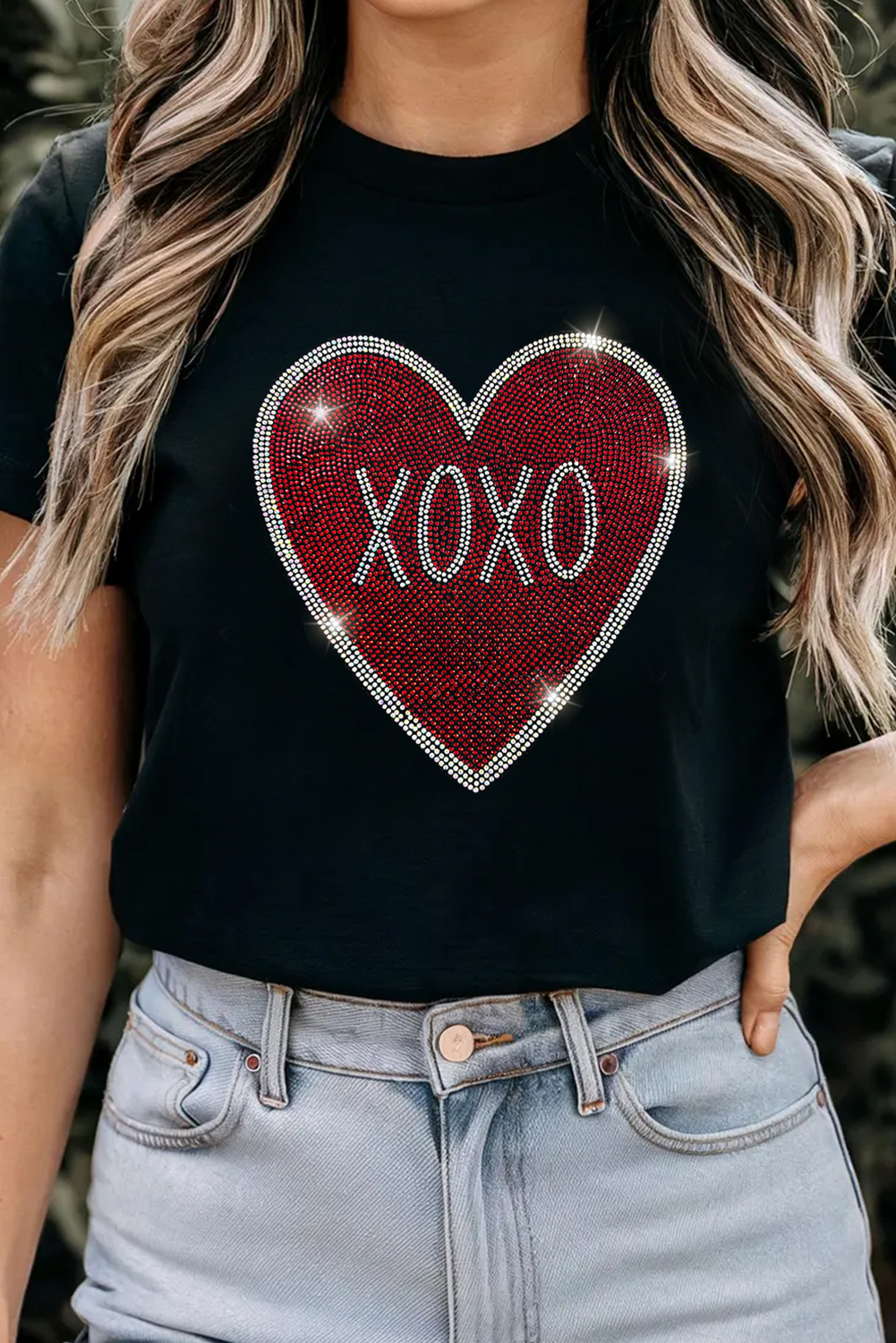 Black Rhinestone XOXO Heart Graphic Crewneck Tee - Aaria Tees Aaria Tees
