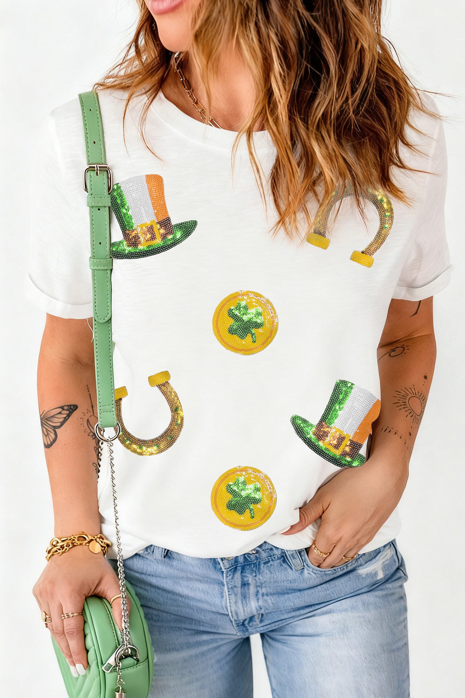White St Patricks Day Sequin Graphic Casual T Shirt - Aaria Tees Aaria Tees