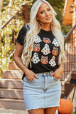 Black Halloween Ghost Pumpkin Print Crew Neck T Shirt - Aaria Tees Aaria Tees