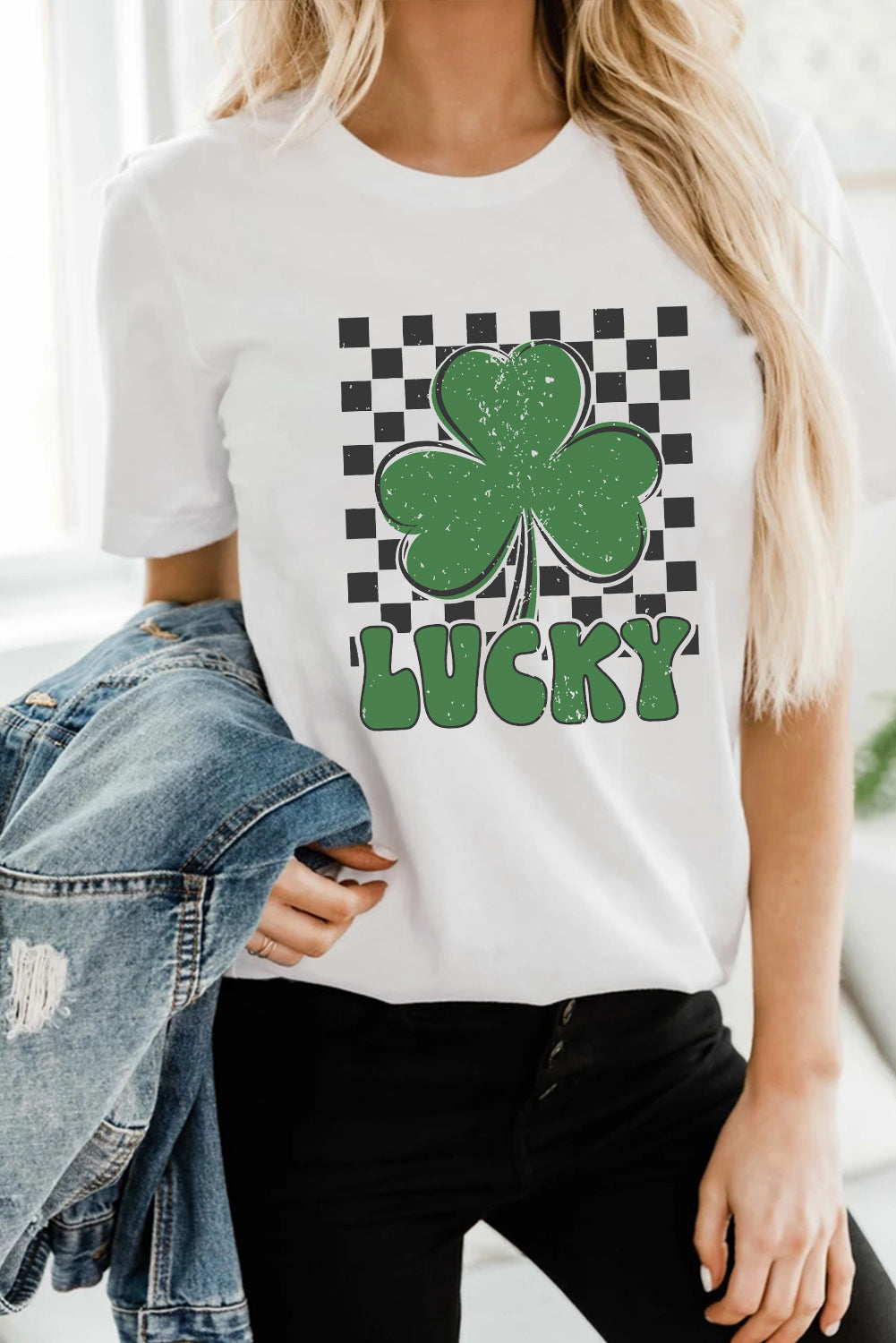 White Checker LUCKY Clover Printed St Patricks T Shirt - Aaria Tees Aaria Tees