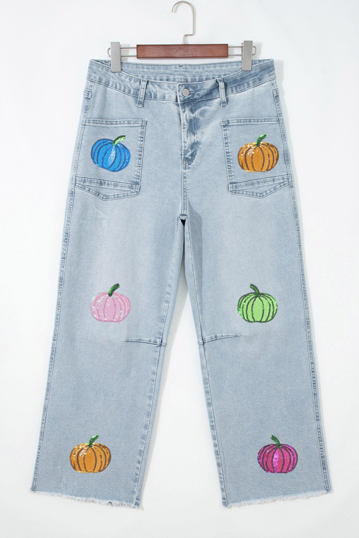 Beau Blue Sequin Pumpkin Patched Graphic Casual Shift Jeans - Aaria Tees Aaria Tees