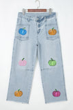 Beau Blue Sequin Pumpkin Patched Graphic Casual Shift Jeans - Aaria Tees Aaria Tees