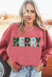 Strawberry Pink MERRY Christmas Chenille Embroidered Corded Sweatshirt Aaria Tees