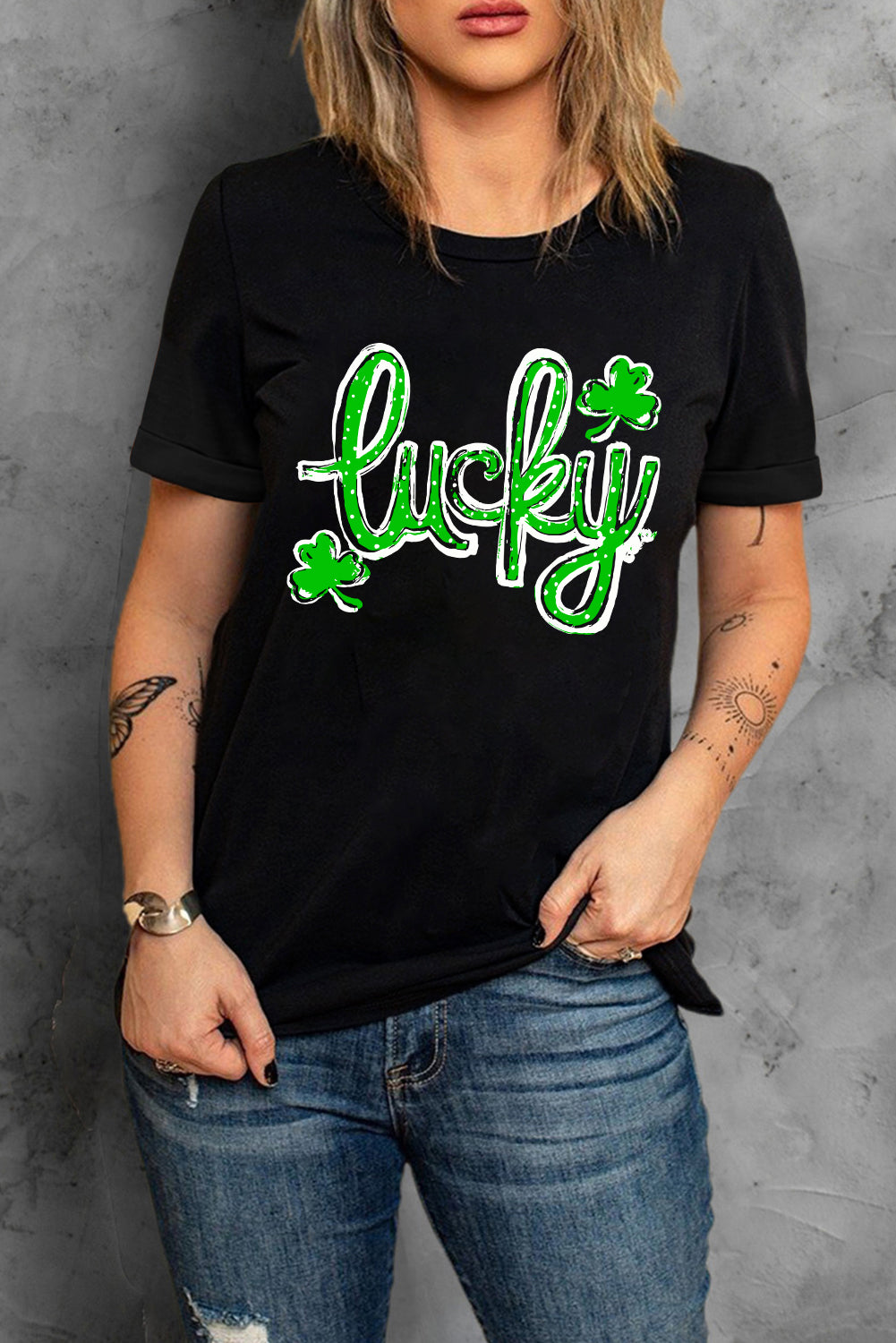 Black St. Patricks Lucky Clover Print O Neck T Shirt - Aaria Tees Aaria Tees