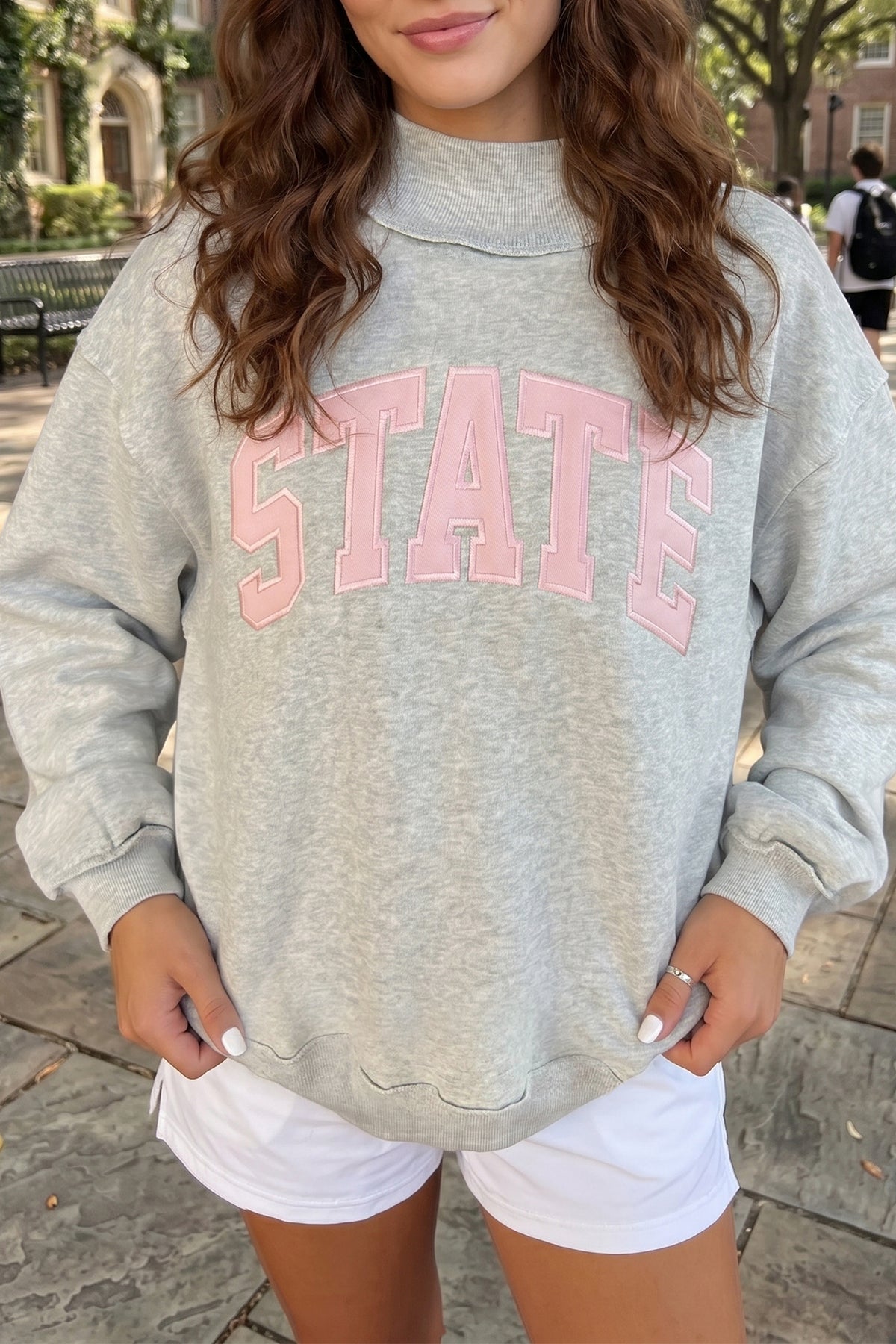 Light Grey Exposed Seam Mock Neck STATE Letter Graphic Loose Sweatshirt