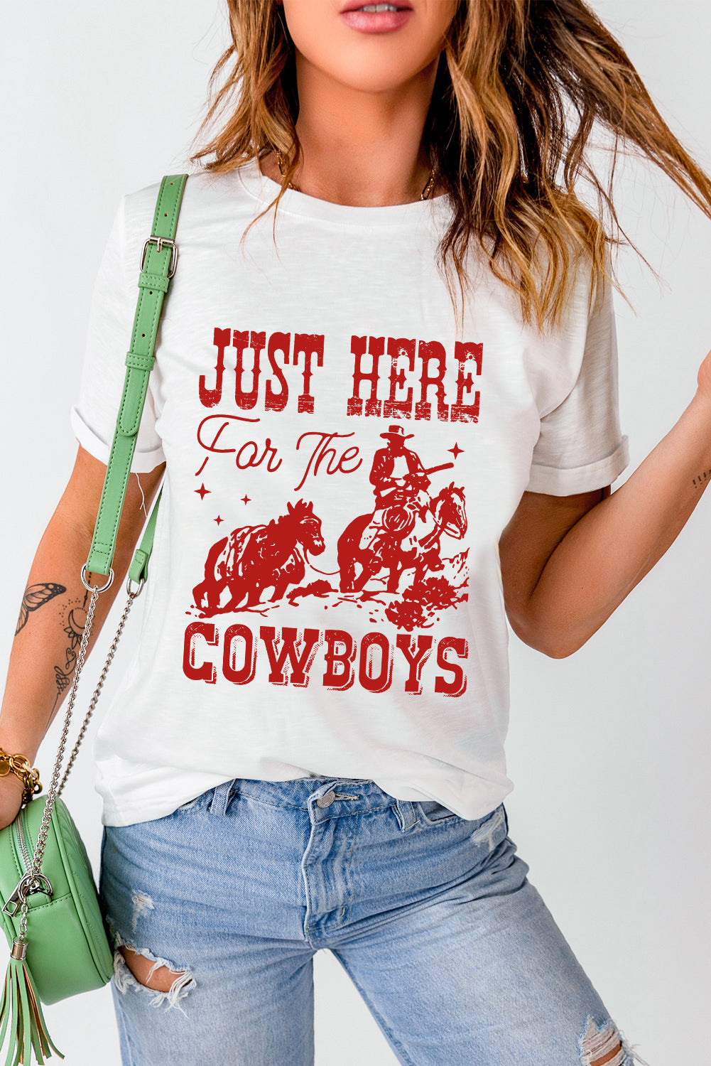 White JUST HERE For THE COWBOY Cuffed Sleeve Crew Neck T Shirt - Aaria Tees Aaria Tees