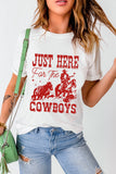 White JUST HERE For THE COWBOY Cuffed Sleeve Crew Neck T Shirt - Aaria Tees Aaria Tees