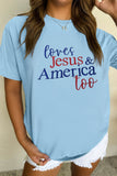 Light Blue Loves Jesus & America Too Patriotic Slogan Embroidered T Shirt Aaria Tees