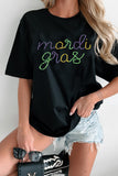 Black Rhinestone Mardi Gras Letter Graphic T Shirt - Aaria Tees Aaria Tees