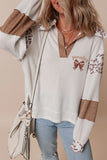 White game day Rugby Bow Embroidered Graphic Leopard Collar Color Block Patchwork Top Aaria Tees