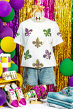 White Mardi Gras Fleur De Lis Sequin Graphic T Shirt - Aaria Tees Aaria Tees