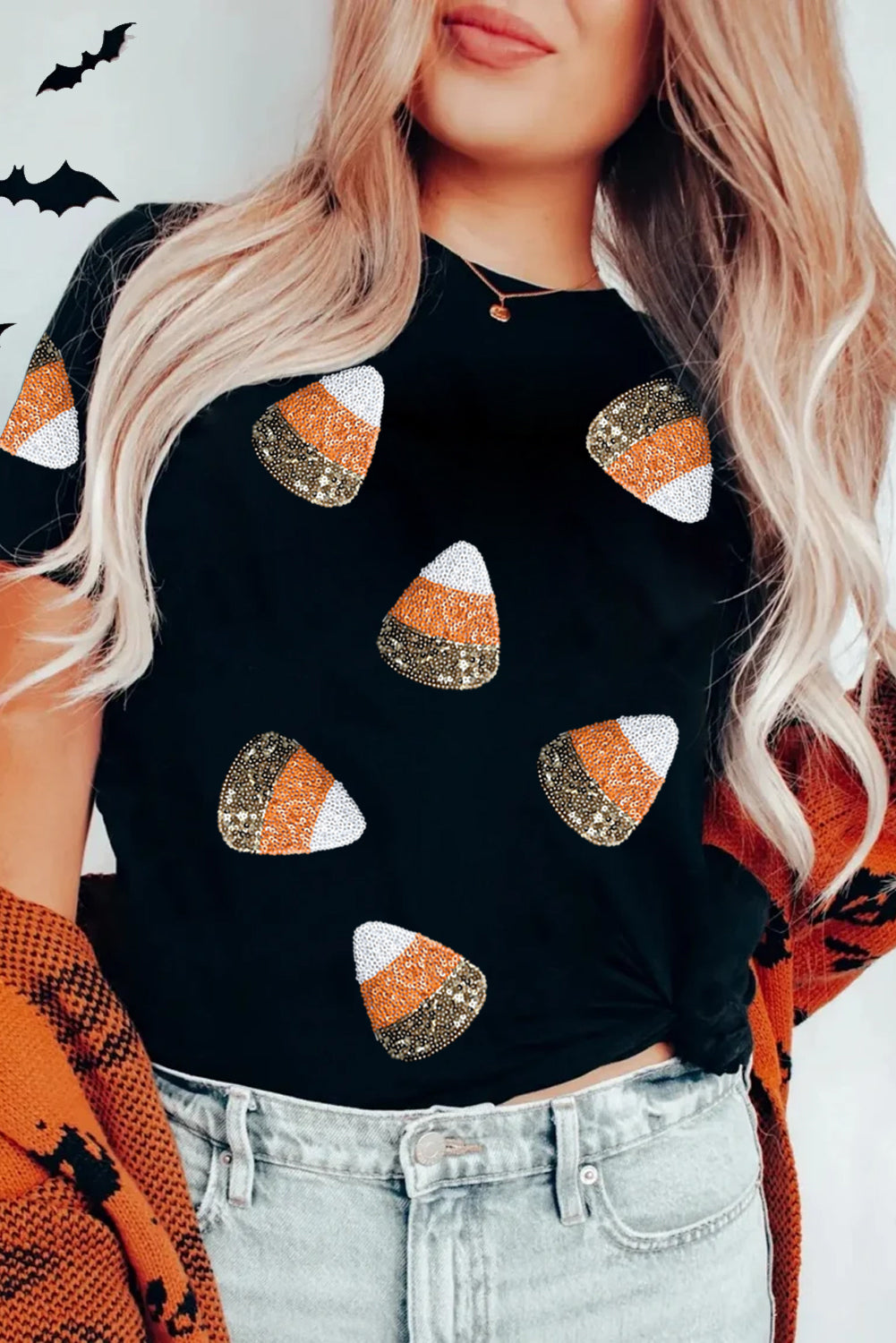 Black Sequin Candy Patched Pattern Halloween T Shirt - Aaria Tees Aaria Tees
