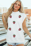 White Sequin Strawberry Graphic Mock Neck Short Sleeve Top Aaria Tees