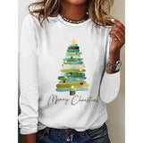Women’s Long Sleeve Merry Christmas T-Shirt – Cute Christmas Tree Graphic Tee Aaria Tees
