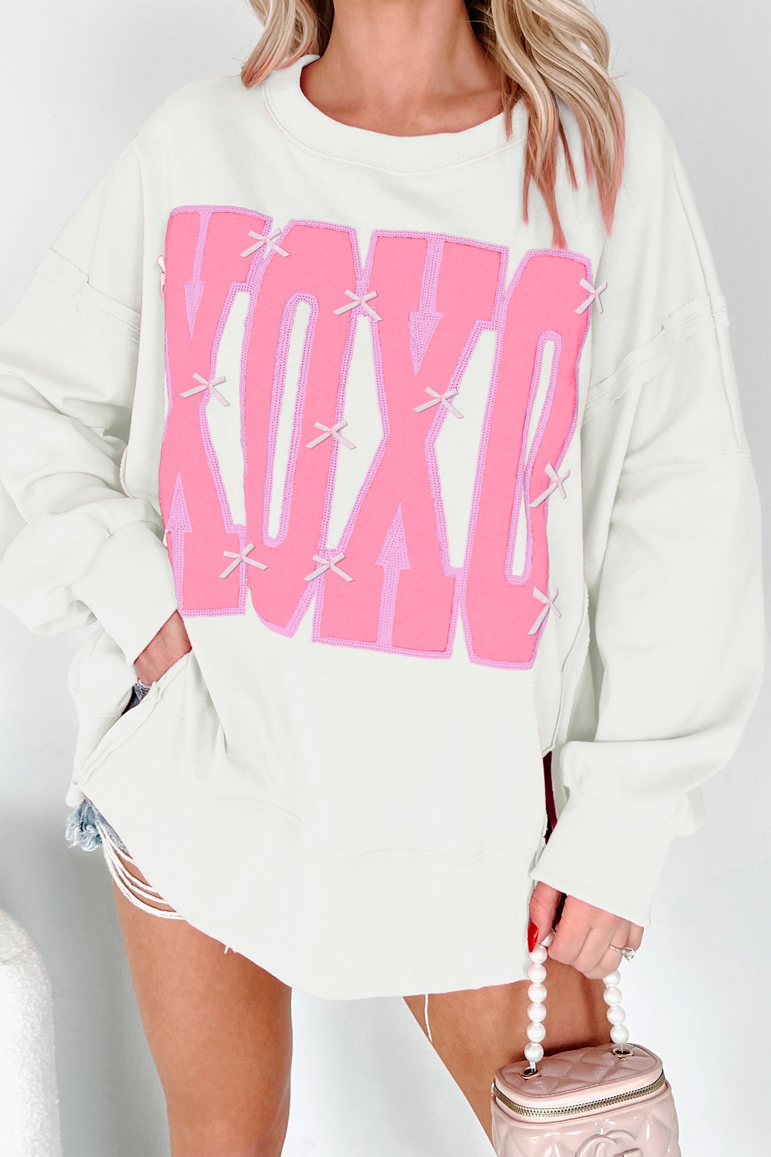 Black Bow Sequin XOXO Letter Graphic Exposed Seam Baggy Sweatshirt - Aaria Tees Aaria Tees