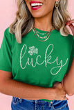 Bright Green Ceramic Rhinestone Lucky Clover Graphic Tee Aaria Tees