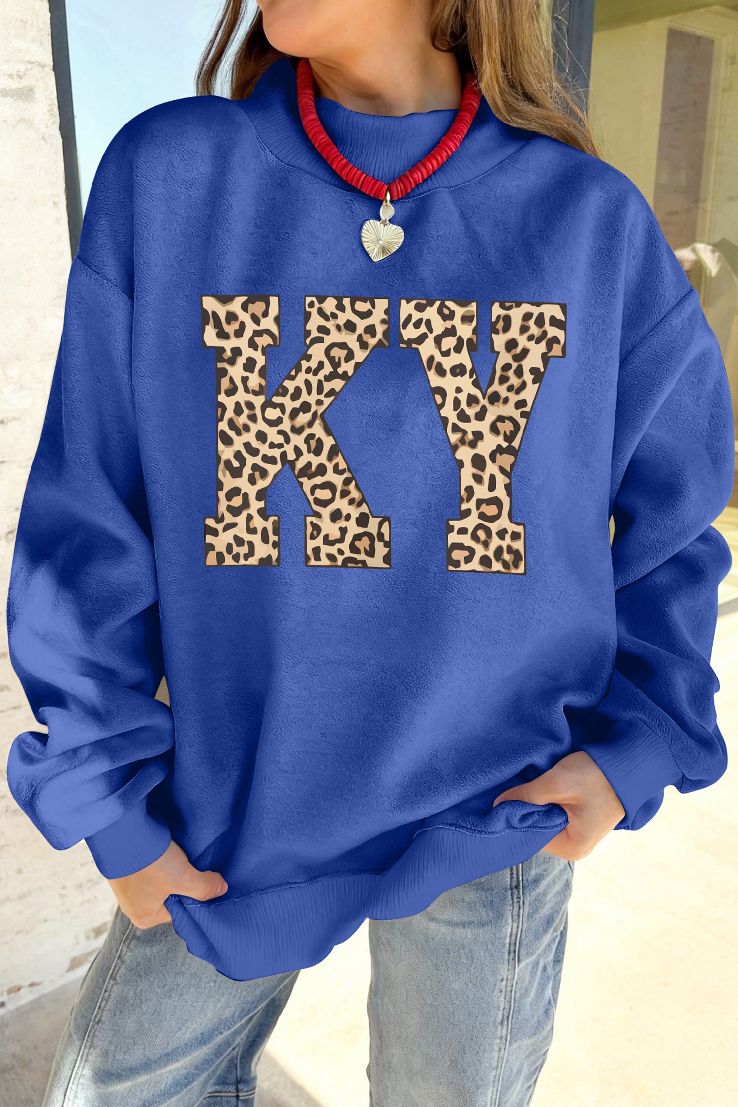 Dark Blue KENTUCKY Leopard KY Letter Print Reversible High Neck Sweatshirt - Aaria Tees Aaria Tees