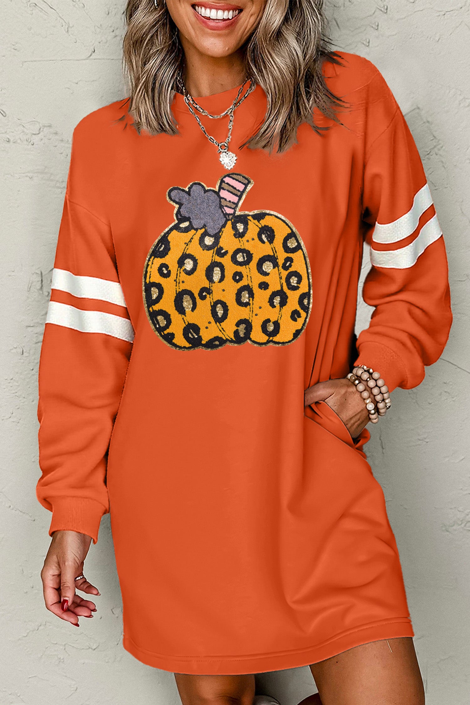 Orange Leopard Print Pumpkin Graphic Varsity Striped Long Sleeve Tunic Dress - Aaria Tees Aaria Tees