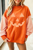 Russet Orange Plaid Sleeve Halloween Pumpkin Face Graphic Sweatshirt Aaria Tees