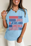Light Blue SHE LOVES JESUS AND AMERICA TOO Flag Graphic T Shirt - Aaria Tees Aaria Tees