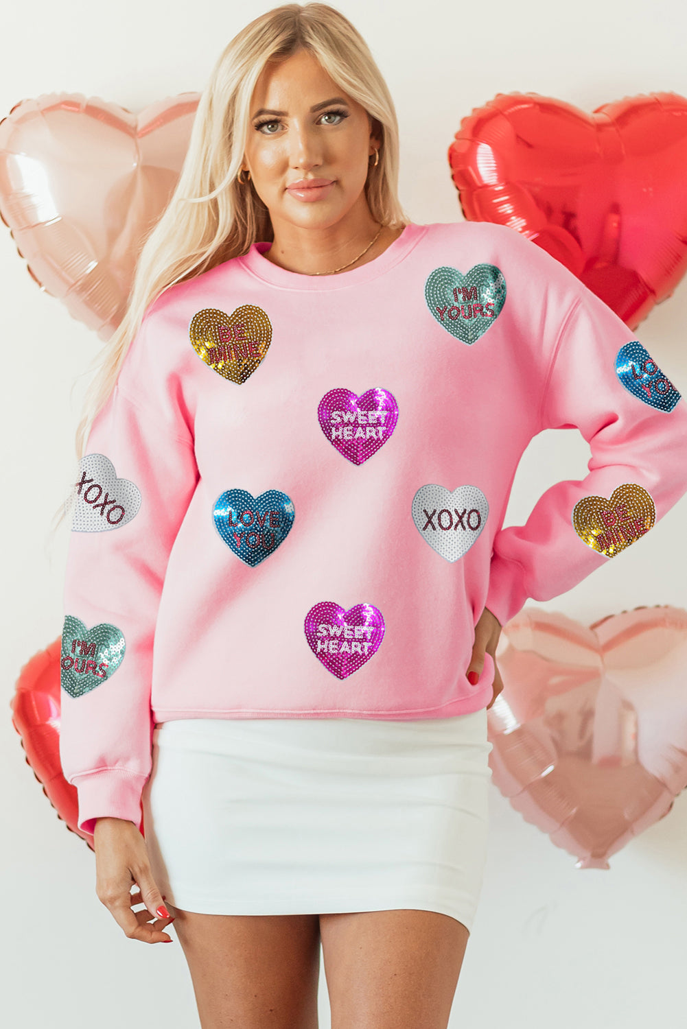 Pink Sequin Romantic Letters Heart Graphic Valentines Sweatshirt - Aaria Tees Aaria Tees