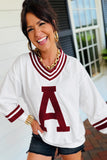 Red Dahlia Chenille Letter A Graphic Varsity Striped V Neck Puff Sleeve Sweatshirt Aaria Tees