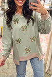Smoke Green Sequin Bow Patchwork Waffle Colorblock Loose Sweatshirt Aaria Tees