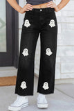 Black Sequin Ghost Patched Graphic Raw Hem Casual Jeans Aaria Tees