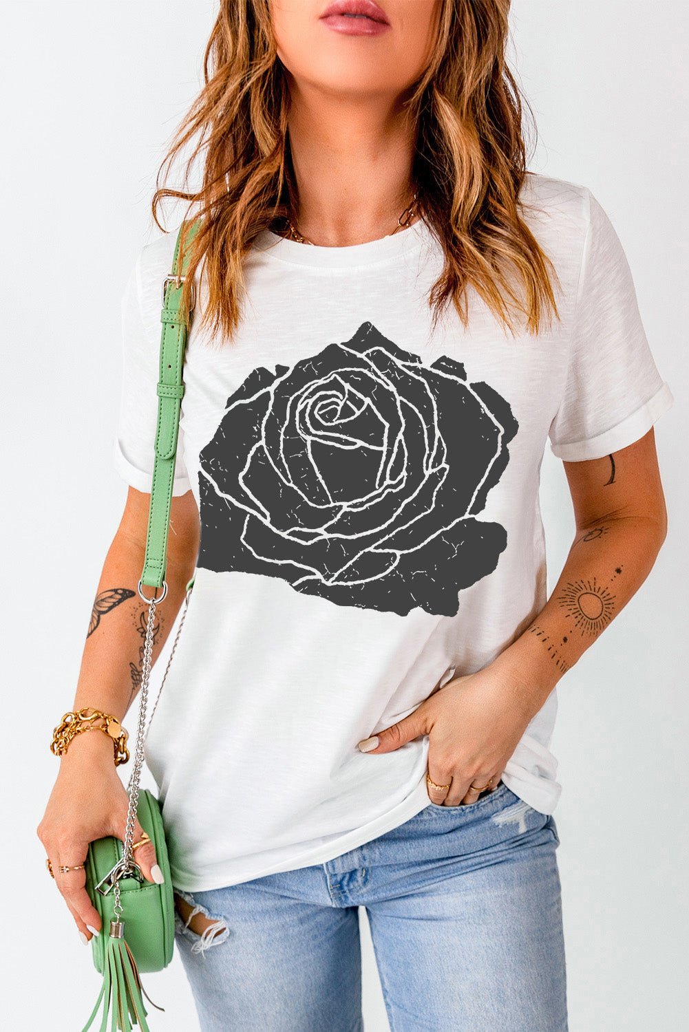 Rose Graphic Round Neck Short Sleeve T-Shirt - Aaria Tees Aaria Tees