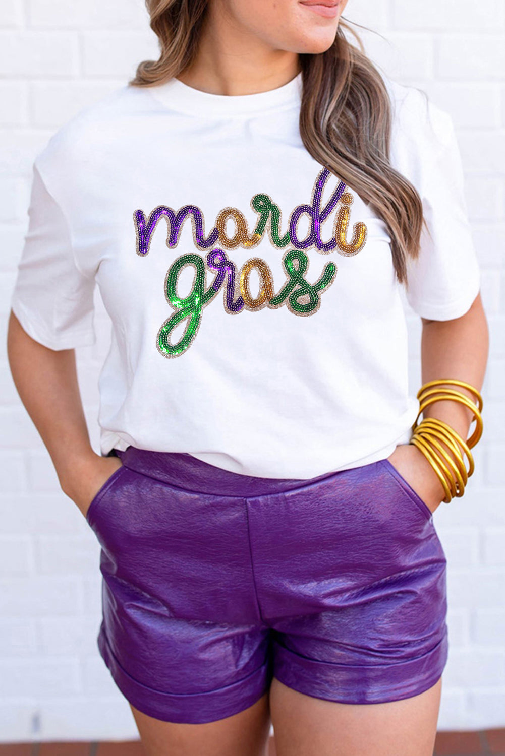 White Sequin mardi gras Graphic T Shirt - Aaria Tees Aaria Tees