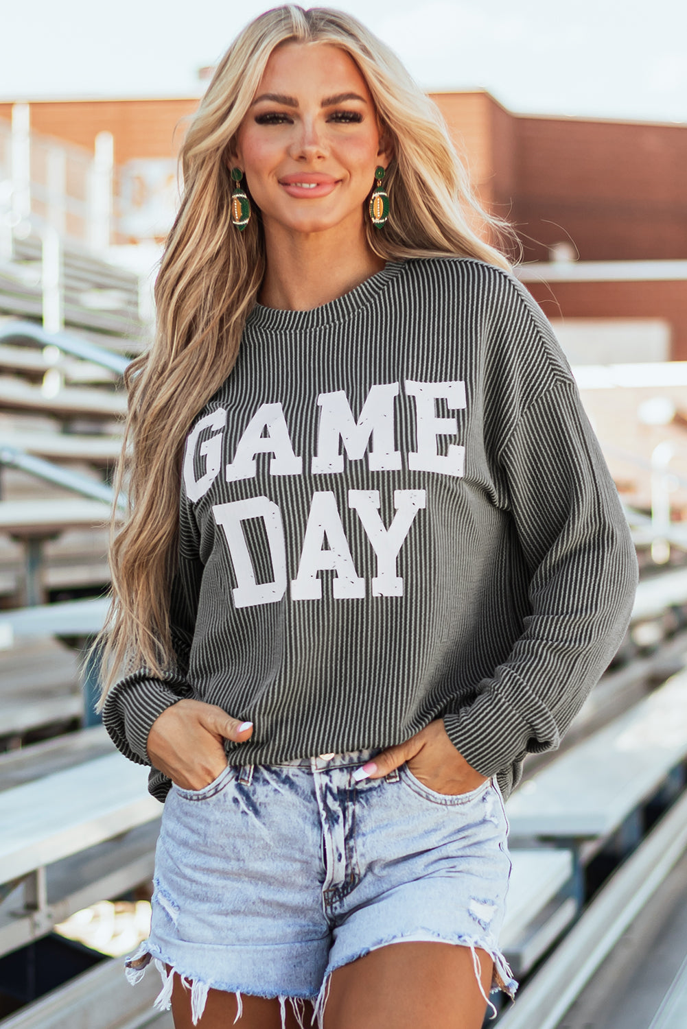 Bluing Corded GAME DAY Graphic Long Sleeve Crewneck Top - Aaria Tees Aaria Tees