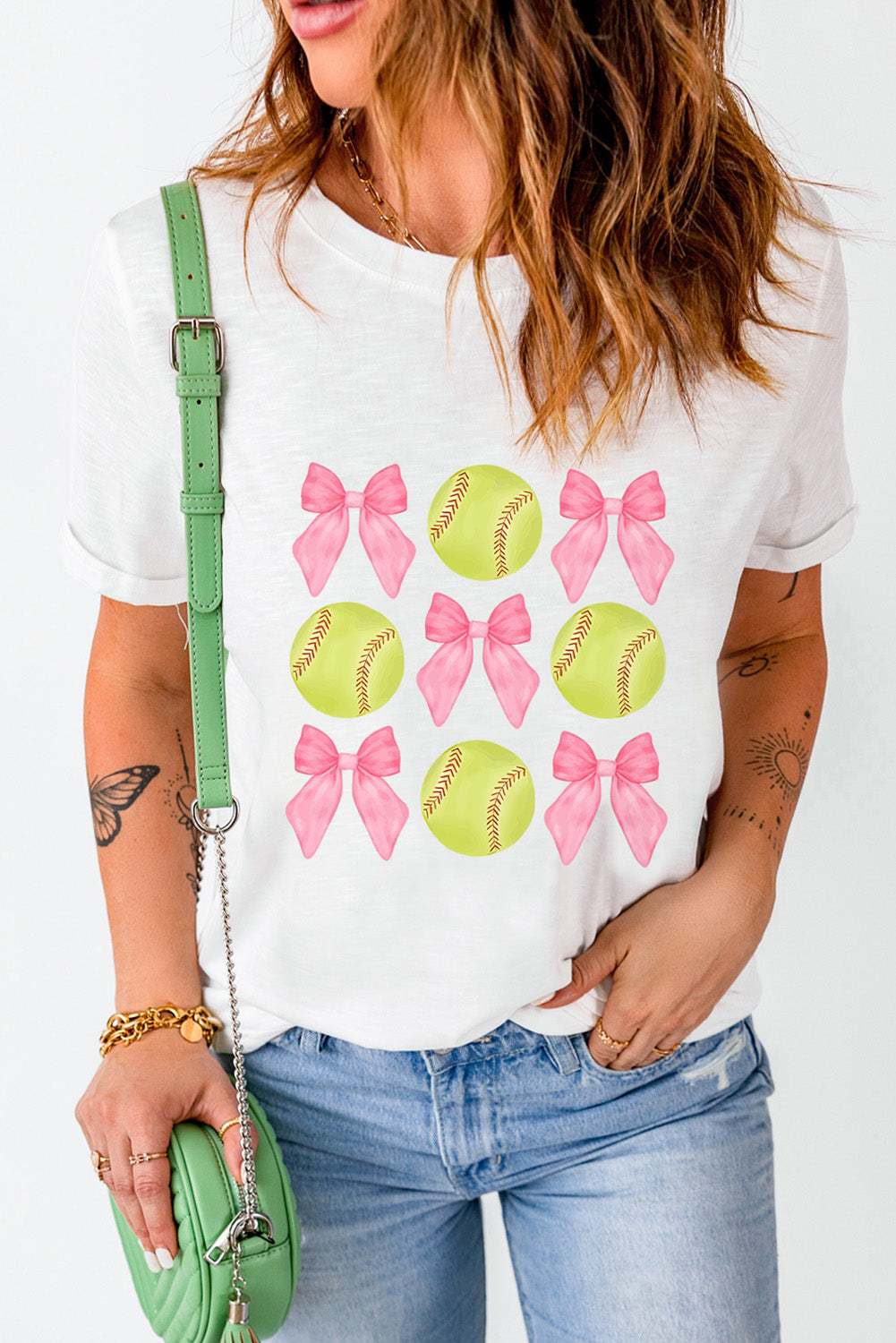 White Bow Tie Baseball Print Round Neck Casual Tee - Aaria Tees Aaria Tees