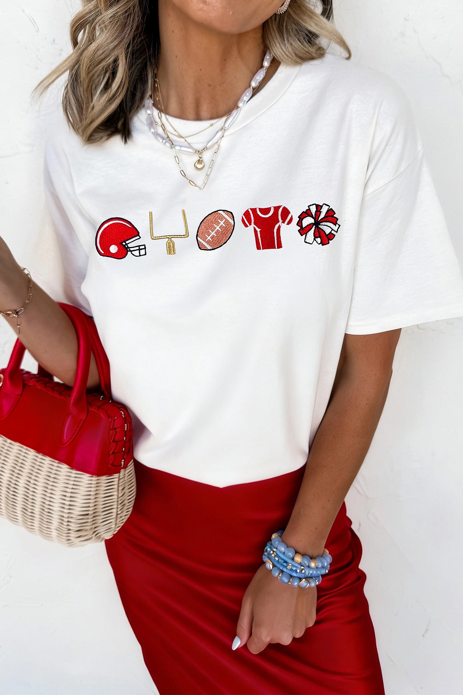 White Embroidered Game Day Theme Football Graphic Tee - Aaria Tees Aaria Tees