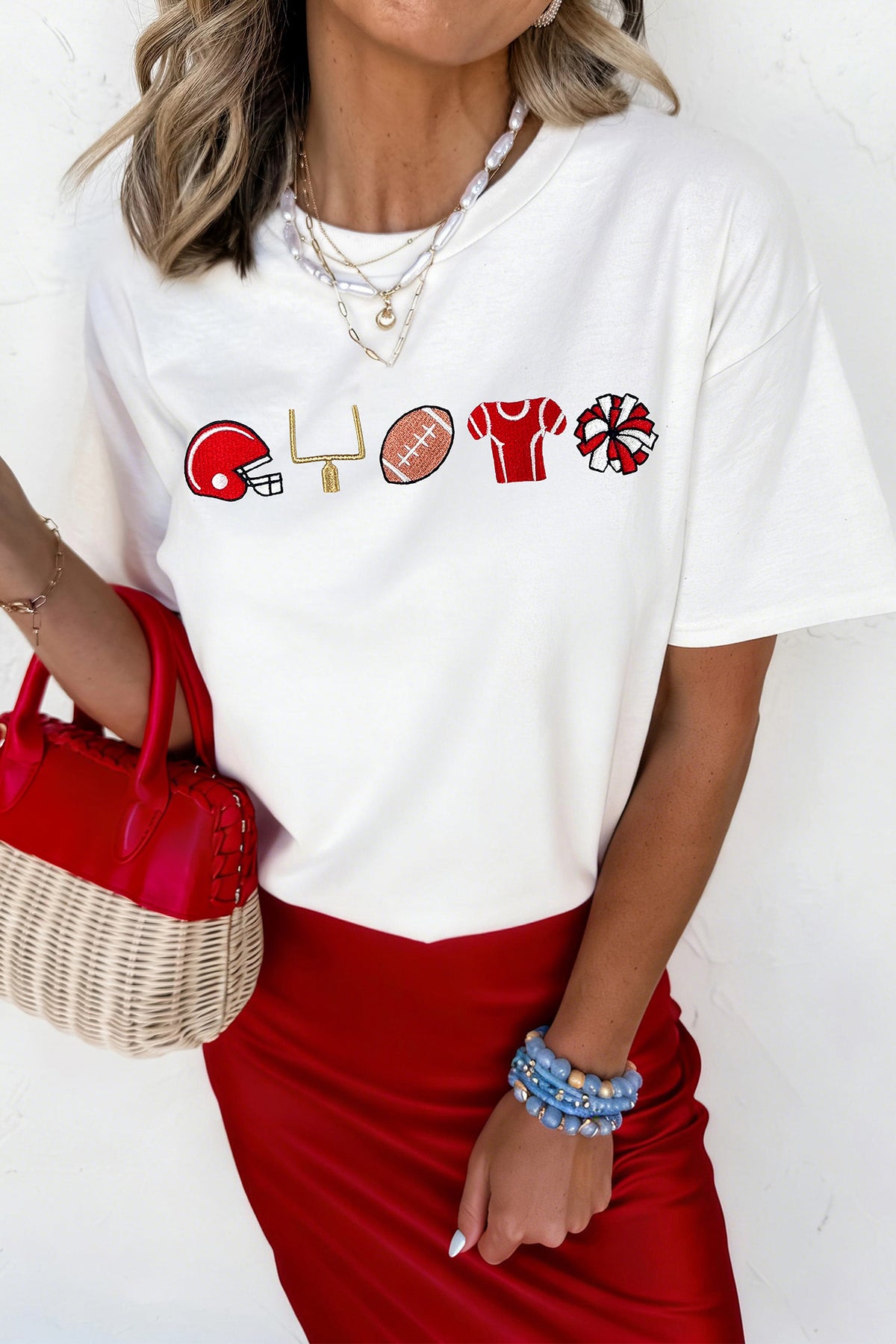 White Embroidered Game Day Theme Football Graphic Tee - Aaria Tees