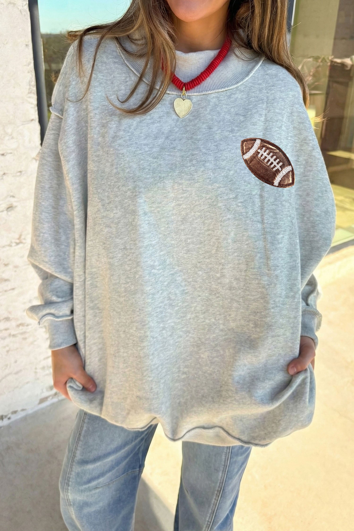 Light Grey Football Patch Sequin Game Day Lettering Mock Neck Tunic Sweatshirt - Aaria Tees Aaria Tees