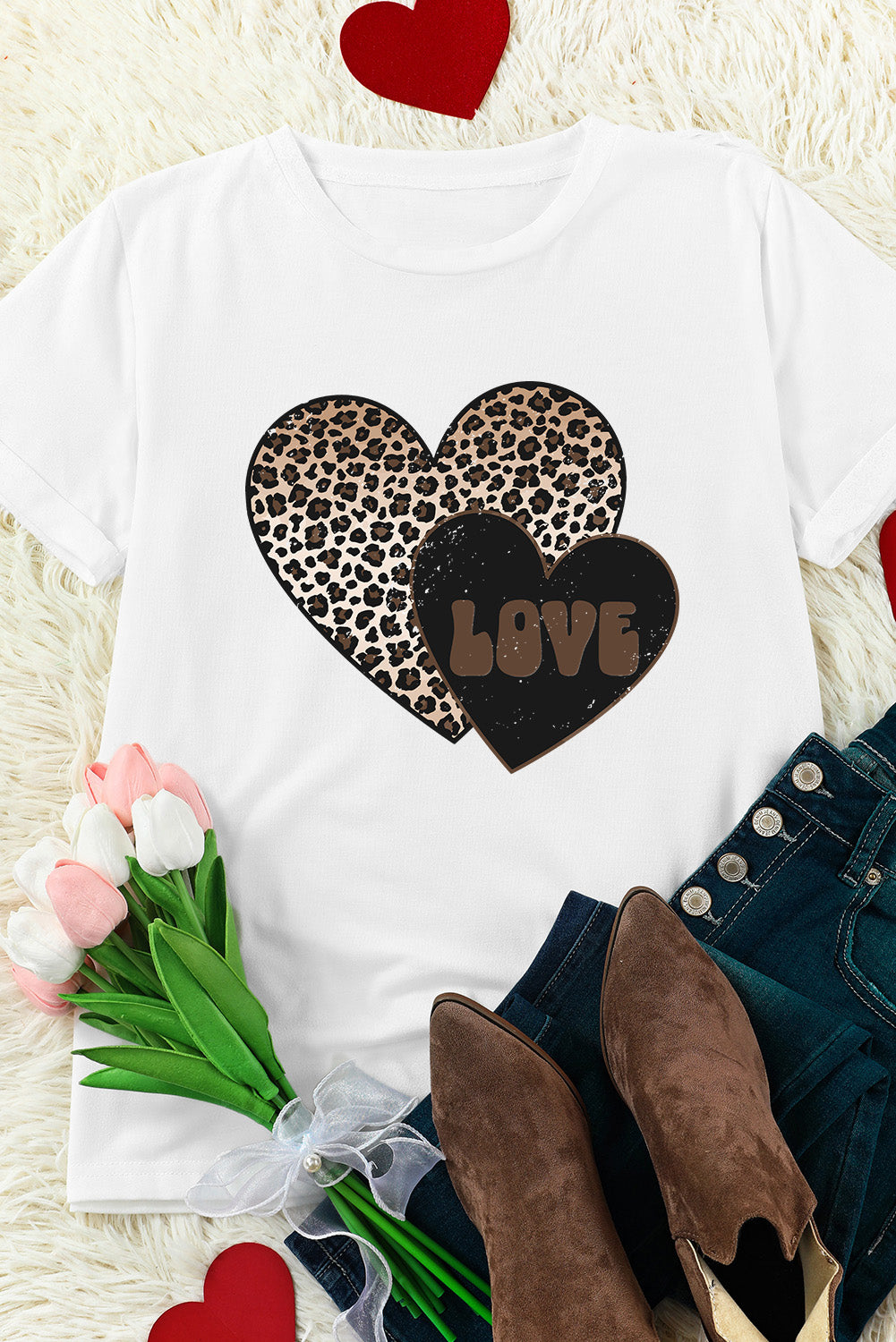 White Leopard LOVE Double Heart Printed Valentines Graphic Tee - Aaria Tees Aaria Tees