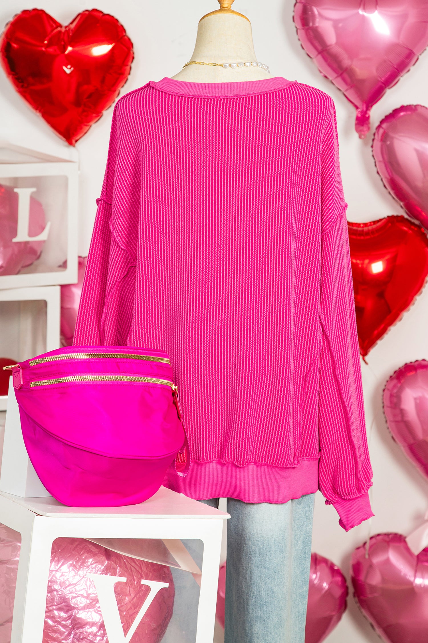 Strawberry Pink Twisted Ribbed Long Sleeve XOXO Bow Print Embroidered Patch Graphic Top - Aaria Tees Aaria Tees