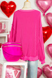 Strawberry Pink Twisted Ribbed Long Sleeve XOXO Bow Print Embroidered Patch Graphic Top - Aaria Tees Aaria Tees