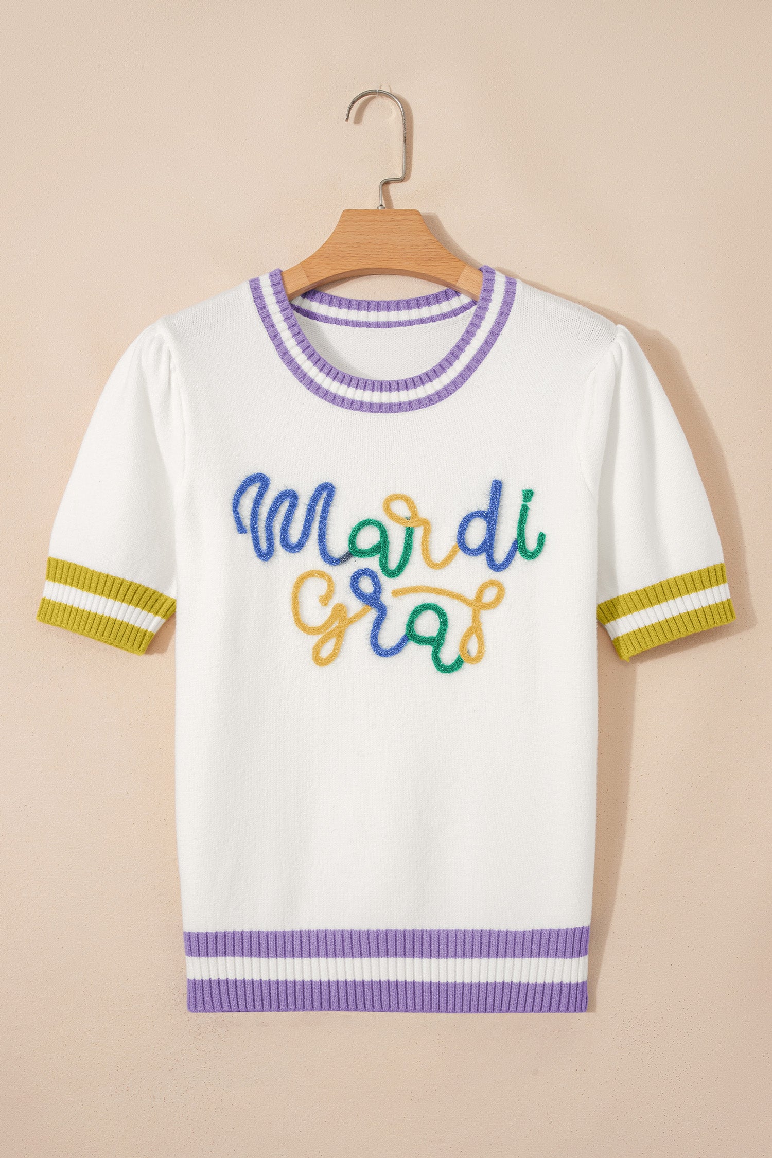 White Mardi Gras Tinsel Letter Graphic Short Sleeve Sweater - Aaria Tees Aaria Tees
