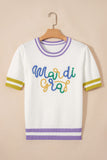 White Mardi Gras Tinsel Letter Graphic Short Sleeve Sweater - Aaria Tees Aaria Tees