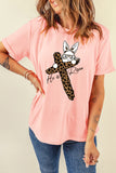 Pink He is Risen Easter Bunny Leopard Cross Graphic Tee Aaria Tees