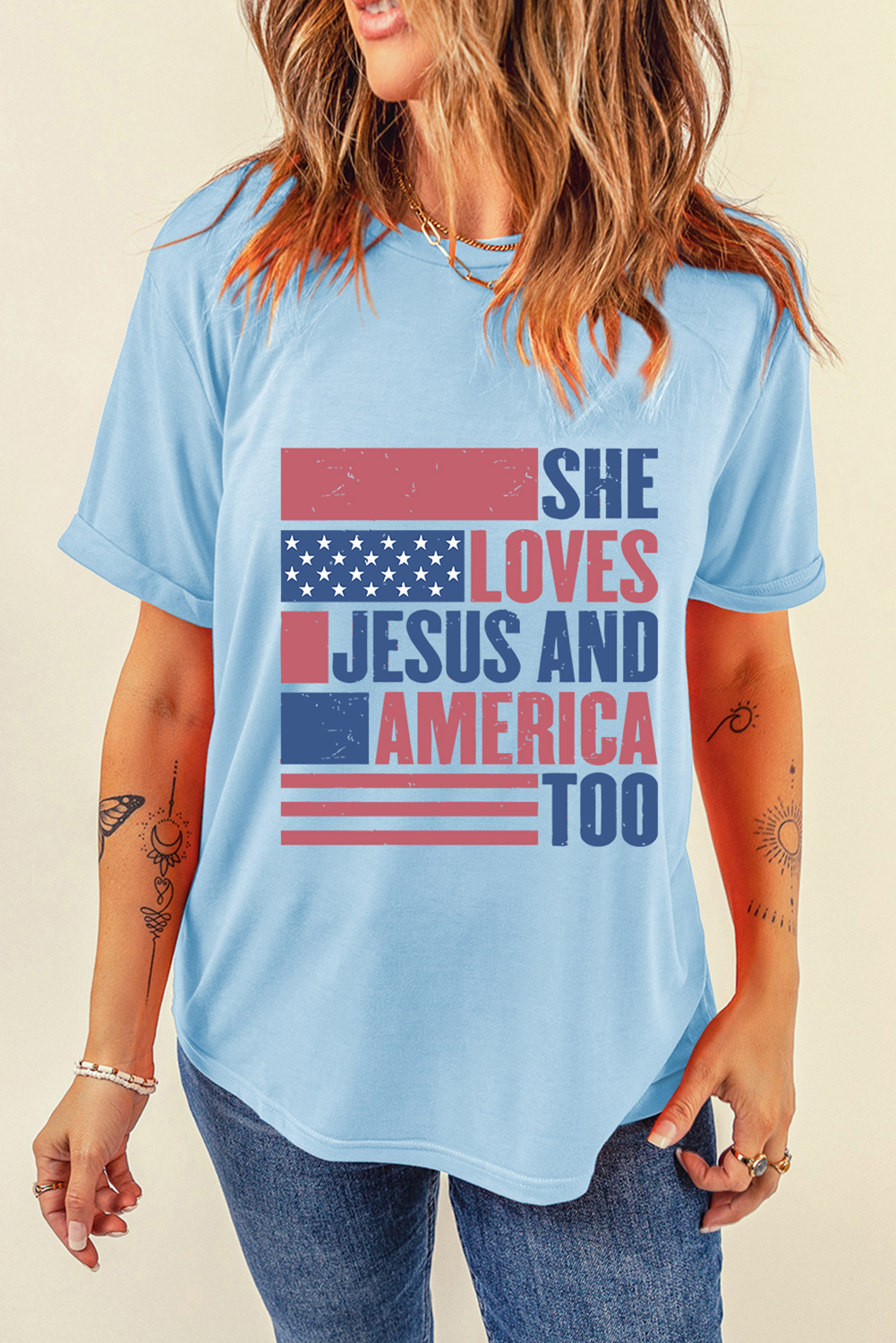 Light Blue SHE LOVES JESUS AND AMERICA TOO Flag Graphic T Shirt - Aaria Tees Aaria Tees