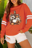 Orange Thanksgiving Floral Pumpkin Cross Print Banded Sleeve Graphic Sweatshirt Aaria Tees