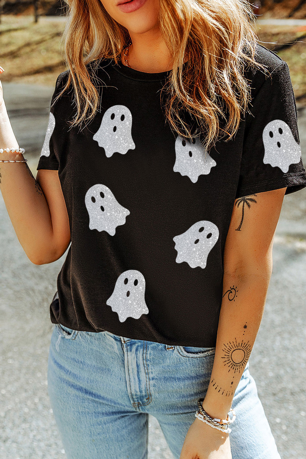 Black Glitter Ghost Pattern Crew Neck Halloween T Shirt - Aaria Tees Aaria Tees