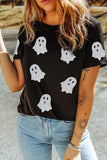 Black Glitter Ghost Pattern Crew Neck Halloween T Shirt - Aaria Tees Aaria Tees